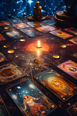 Tarot cards spread on a table alongside a burning candle