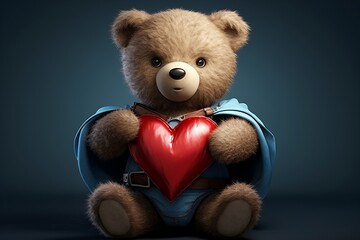 teddy bear friendship on valentine's day holding red heart, super hero, Generative AI