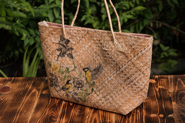 Outdoor display of woven bamboo bags made by craftsmen in Indonesia. Various types of detailed and beautiful woven bamboo bags are combined with eco print artwork with leaf and flower motifs