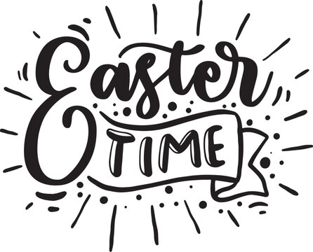 Hand written calligraphic lettering quotes Happy Easter, with egg outline, bunny face. Isolated objects on white background. Hand drawn vector illustration. Design concept for card, banner.