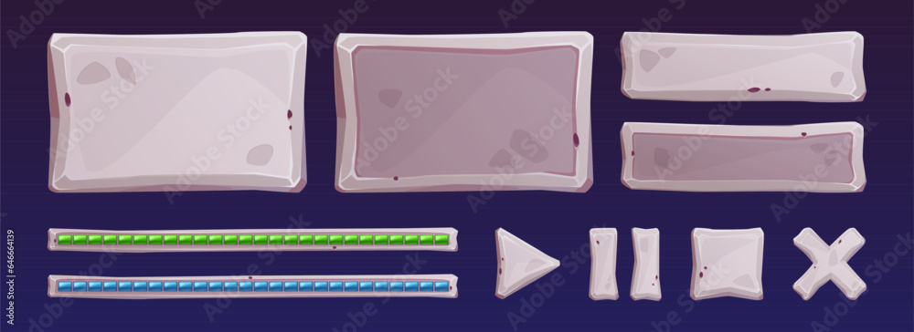 Poster stone game user interface assets - cartoon vector illustration set of rock plates and buttons for gu