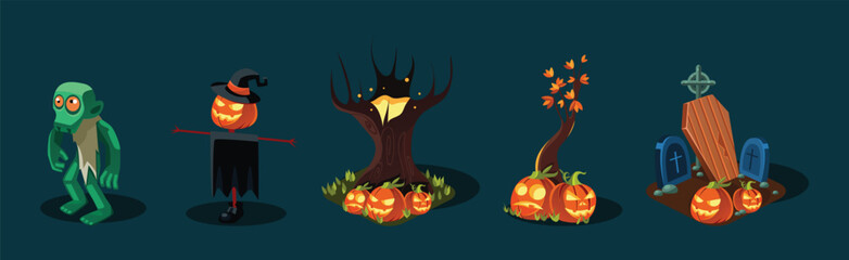 Halloween Holiday Creepy and Scary Object Vector Set