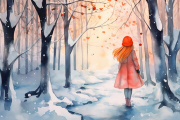 Girl in the winter forest looking forward, falling snowflakes. Beautiful winter postcard.
