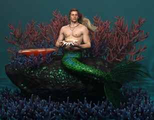 3D render: a merman creature character is sitting on the rock among coral reef
