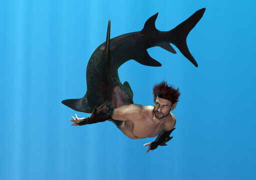 3D render: a merman creature character with shark tail is swimming in the deep blue sea
