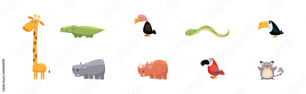 Sticker Funny African Animals and Zoo Fauna Vector Set