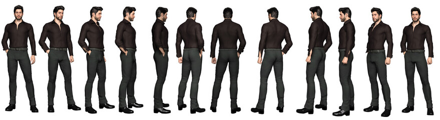 Fototapeta premium 3D Render : Portrait of a young man is standing in different angles, isolated, PNG transparent 