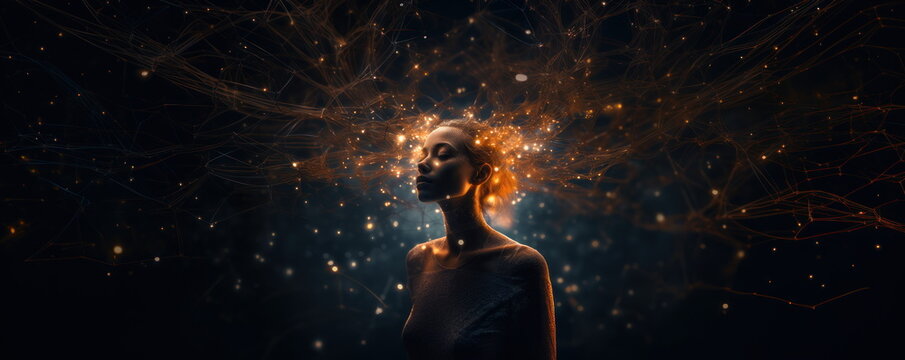 AI, neural networks and communication with human senses. wide format. Hand edited generative AI.