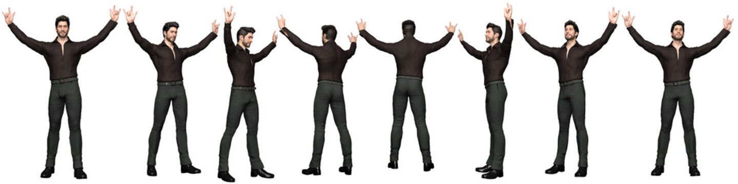3D Render : Portrait of a  young   man is standing in different angles, isolated, PNG transparent
