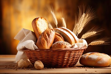 Bread and lots of fresh bread buns in a basket on a wooden table - obrazy, fototapety, plakaty
