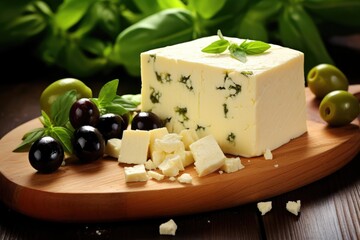 Feta cheese with olives and basil on a chopping board the most famous greek cheese.