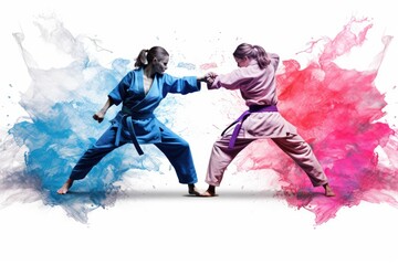 Two people practicing karate kicks, illustration