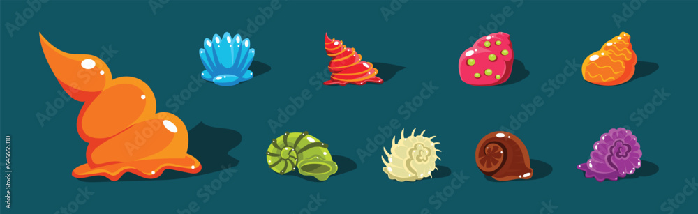 Poster sea shells with spiral shape of different color vector set
