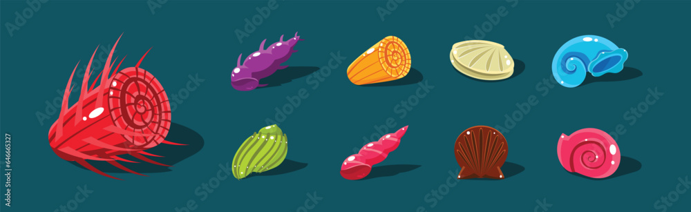 Poster sea shells with spiral shape of different color vector set