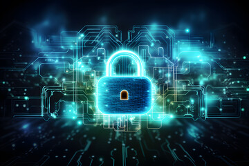 Fototapeta premium Cyber security and cloud technology concept. Digital padlock on cloud computing with networking in neon lighting. Data protection and internet service in futuristic technology. Generative AI.