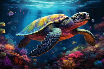 Illustration of a vibrant underwater scene with a majestic turtle gracefully swimming in the ocean created with Generative AI technology