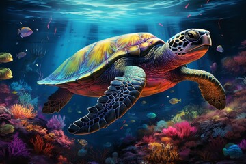 Fototapeta premium Illustration of a vibrant underwater scene with a majestic turtle gracefully swimming in the ocean created with Generative AI technology