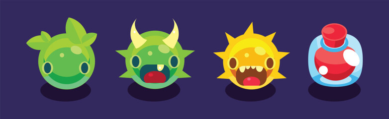 Flat Assets for Mobile Game with Funny Creatures Vector Set