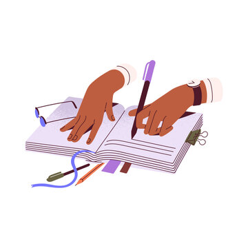 Female hands hold pen, writes thoughts in diary. People planning in notepad, woman take note in paper planner, compose plan in notebook. Flat isolated vector illustration on white background