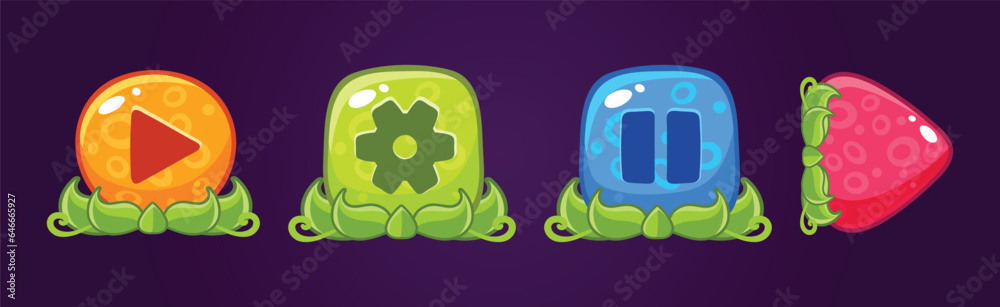 Poster glossy button with green grass for game user interface vector set