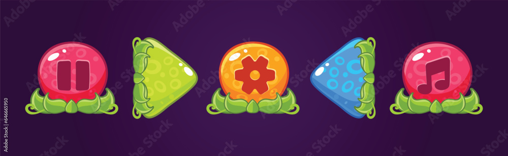 Poster glossy button with green grass for game user interface vector set