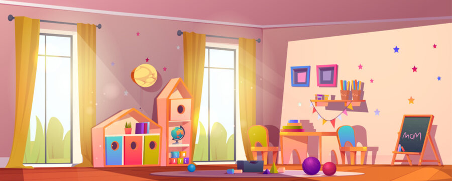 Kindergarten classroom or nursery playroom cartoon background. Toy for kid, painting board and table furniture in preschool daycare interior illustration. Cute toddler baby recreation space drawing