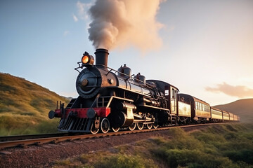 Obraz premium A train traveling down train tracks next to a lush green field. Smoke from the chimney of a retro train.