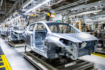 automobile plant. Assembling the body of a car on a conveyor. Modern technology for the production of cars.