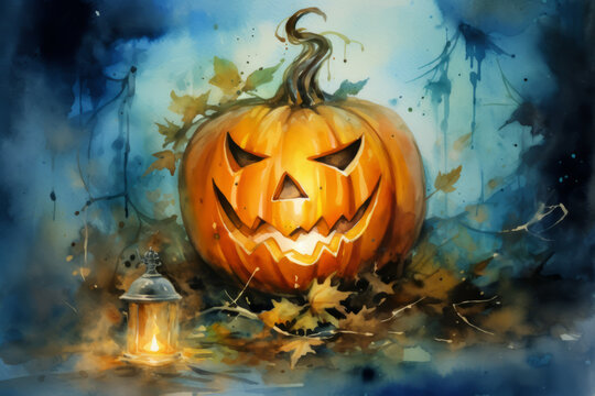 Watercolor illustration of Jack O lantern pumpkin. Halloween celebration concept