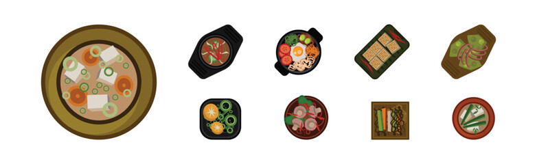Different Food Served on the Plate Flat Vector Set