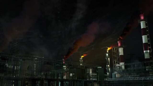 naphtha or thermal powerhouse at night - massive industrial facility, fictitious - loop video