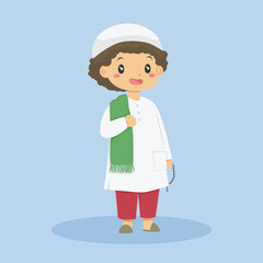 Cute Muslim boy holding a prayer beads and praying mat on his shoulder ready for shalat. Muslim children character vector illustration.