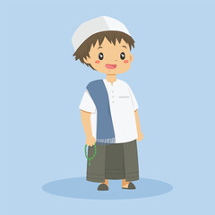 Cute Muslim boy wearing hat and sarong, holding a prayer beads and praying mat on his shoulder ready for shalat. Muslim children character vector illustration.