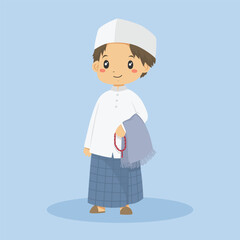 Cute Muslim boy wearing hat and sarong, holding a prayer beads and praying mat on his hand ready for shalat. Muslim children character vector illustration.