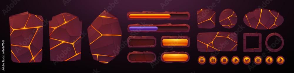 Poster lava stone ui game frame and volcanic button vector. volcano eruption board with magma texture and f