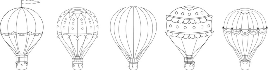 Outline hot air balloon set. Line illustration isolated on white for coloring book