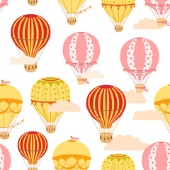 Naklejka premium Seamless pattern with Hot Air Balloon and clouds on white. Vector colorful endless background