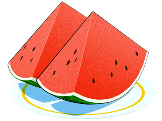 An illustration of two watermelon slices arranged on a white circular plate. The illustration style is clean, simple, and refined.