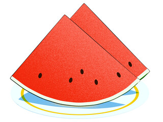 An illustration of two watermelon slices arranged on a white circular plate. The illustration style is clean, simple, and refined.