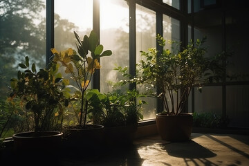 Scene looked through glass window and saw nature park