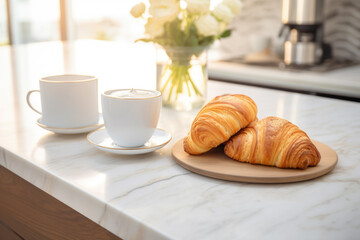 Fototapeta na wymiar Picture of two cups of coffee and plate of croissants on table. Perfect for illustrating breakfast or cozy cafe scene.