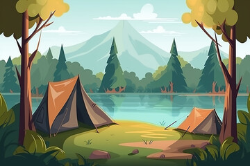 Scene of landscape with nature and tent in camping park