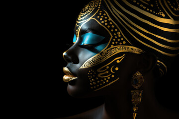 Close-up image of person with black and gold face paint. This picture can be used for various...