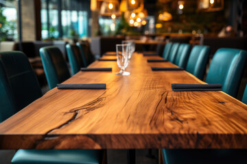Wooden table with blue chairs in restaurant. Perfect for showcasing cozy and inviting dining atmosphere. Can be used to promote restaurants, cafes, or hospitality services.