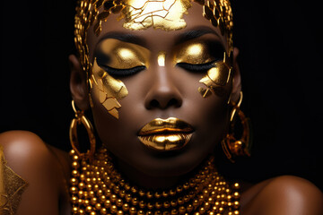 Close-up of woman with gold paint on her face. This striking image can be used for various...