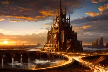 Naklejka premium epic post-apocalypse landscape with sunset
