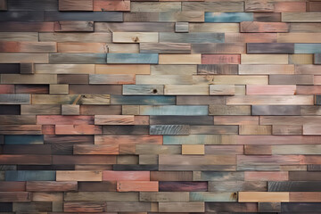 Multicolored wooden wall made from extra pieces, material texture