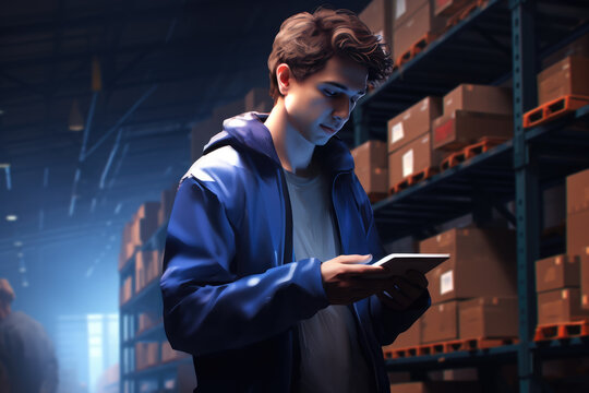 Man standing in warehouse, focused on his cell phone. This image can be used to depict technology, communication, or business in industrial setting.