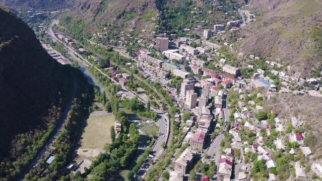 Drone footage of Alaverdi town on sunny summer day. Lori Province, Armenia.