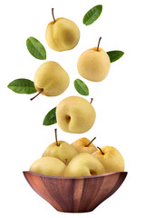 Fresh Chinese pear in a wooden bowl on a transparent background.